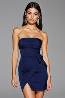 Load image into Gallery viewer, Simple Navy Satin Bodycon Short Strapless Homecoming Dress with Slit