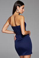 Load image into Gallery viewer, Simple Navy Satin Bodycon Short Strapless Homecoming Dress with Slit
