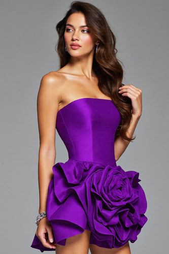 Floral Dark Purple Satin Short Ruffled Homecoming Dress