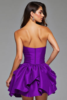 Floral Dark Purple Satin Short Ruffled Homecoming Dress