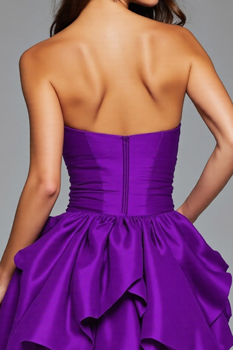 Load image into Gallery viewer, Floral Dark Purple Satin Short Ruffled Homecoming Dress