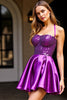 Load image into Gallery viewer, Sparkly Dark Purple Satin Short Halter Homecoming Dress with Sequins