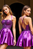 Load image into Gallery viewer, Sparkly Dark Purple Satin Short Halter Homecoming Dress with Sequins