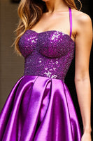 Load image into Gallery viewer, Sparkly Dark Purple Satin Short Halter Homecoming Dress with Sequins
