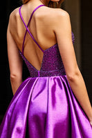 Load image into Gallery viewer, Sparkly Dark Purple Satin Short Halter Homecoming Dress with Sequins