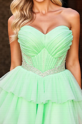 Sparkly Green Tulle A Line Short Corset Homecoming Dress with Beading
