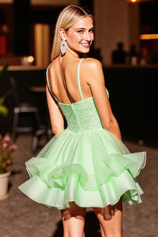 Sparkly Green Corset Short Beaded Homecoming Dress with Ruffles