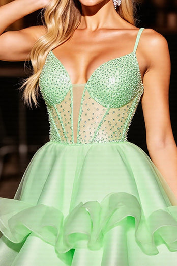 Sparkly Green Corset Short Beaded Homecoming Dress with Ruffles