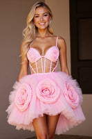 Load image into Gallery viewer, Floral Pink Corset Cut Out Short Tulle Homecoming Dress