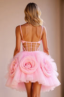 Load image into Gallery viewer, Floral Pink Corset Cut Out Short Tulle Homecoming Dress