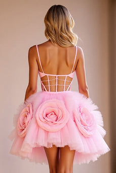 Floral Pink Corset Cut Out Short Tulle Homecoming Dress