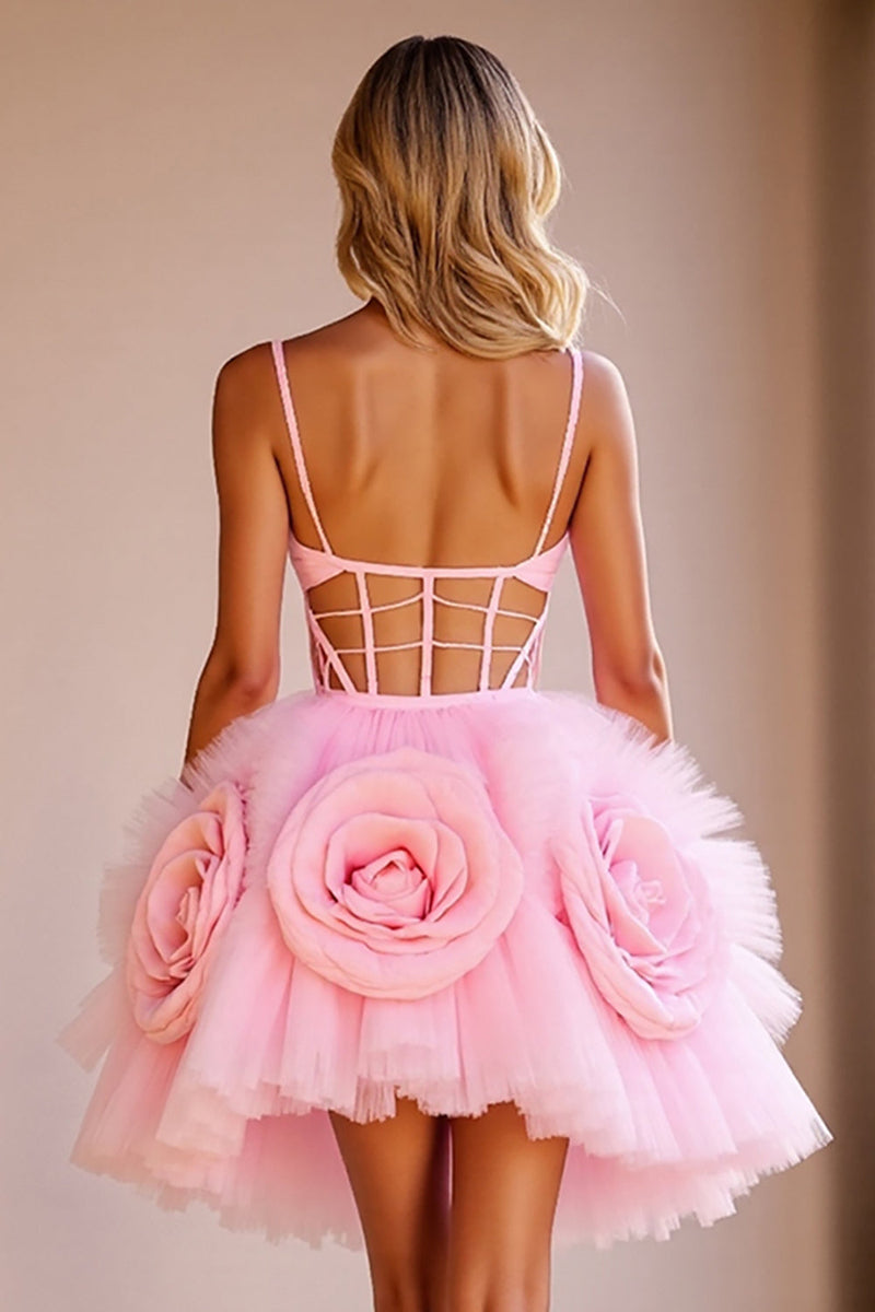 Load image into Gallery viewer, Floral Pink Corset Cut Out Short Tulle Homecoming Dress