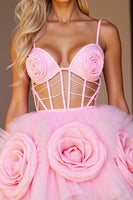 Load image into Gallery viewer, Floral Pink Corset Cut Out Short Tulle Homecoming Dress