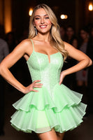 Load image into Gallery viewer, Sparkly Green Tulle Corset Short Ruffled Homecoming Dress with Beading
