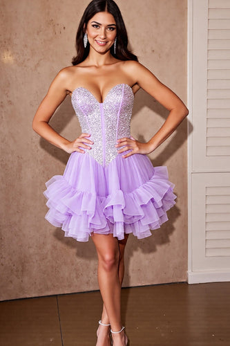 Sparkly Lilac Ruffled Corset Tulle Short Homecoming Dress with Sequins