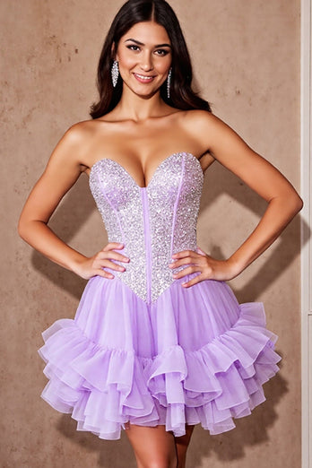 Sparkly Lilac Ruffled Corset Tulle Short Homecoming Dress with Sequins