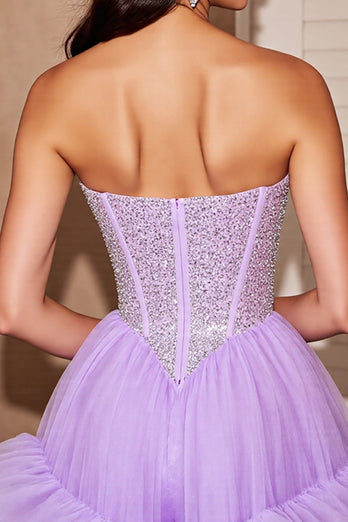 Sparkly Lilac Ruffled Corset Tulle Short Homecoming Dress with Sequins