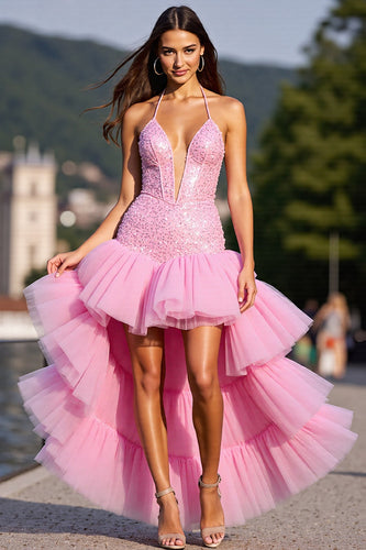Sparkly Pink Corset Tulle Ruffled Homecoming Dress with Beading