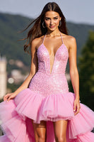 Load image into Gallery viewer, Sparkly Pink Corset Tulle Ruffled Homecoming Dress with Beading