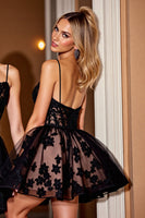 Load image into Gallery viewer, Black Lace Corset Spaghetti Straps Short Homecoming Dress