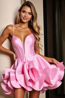 Load image into Gallery viewer, Pink Satin A Line Short Corset Homecoming Dress with Ruffles