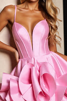 Load image into Gallery viewer, Pink Satin A Line Short Corset Homecoming Dress with Ruffles