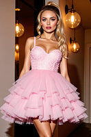 Load image into Gallery viewer, Sparkly Pink Ruffled Tulle Short Beaded Homecoming Dress