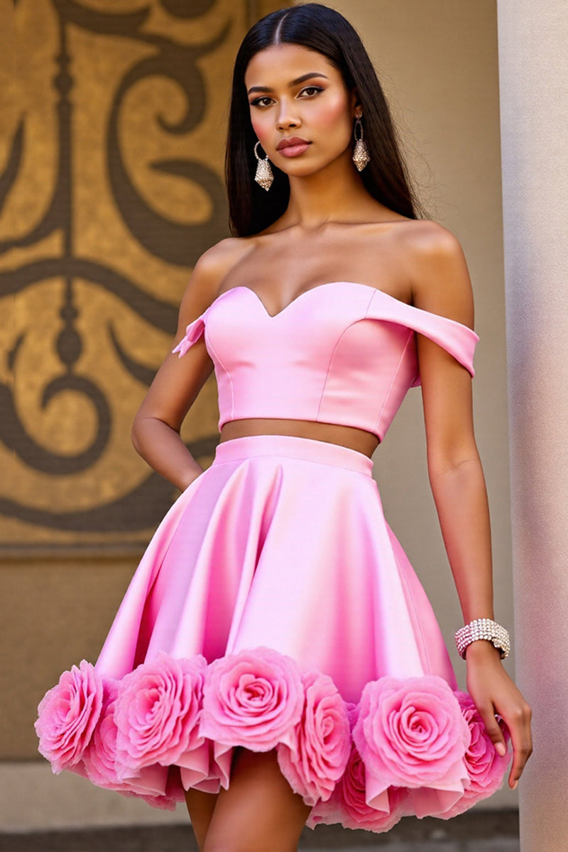 Load image into Gallery viewer, Floral Pink Off the Shoulder Satin 2 Piece Short Homecoming Dress