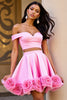 Load image into Gallery viewer, Floral Pink Off the Shoulder Satin 2 Piece Short Homecoming Dress