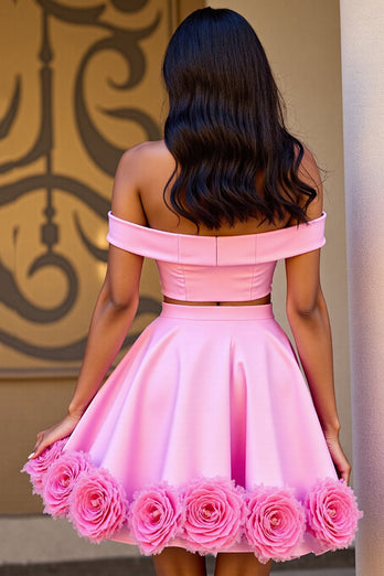 Floral Pink Off the Shoulder Satin 2 Piece Short Homecoming Dress