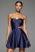 Load image into Gallery viewer, Simple Navy A Line Cut Out Short Satin Homecoming Dress