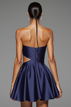 Simple Navy A Line Cut Out Short Satin Homecoming Dress