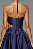 Load image into Gallery viewer, Simple Navy A Line Cut Out Short Satin Homecoming Dress
