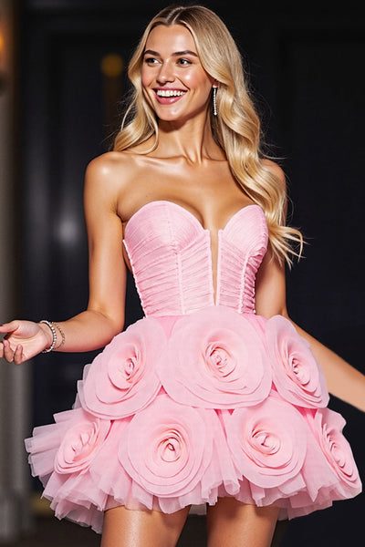 Pink Floral Sweetheart Corset Short Tulle Homecoming Dress