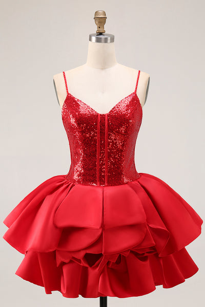 Sparkly Red Sequins Short Corset Homecoming Dress with Ruffles