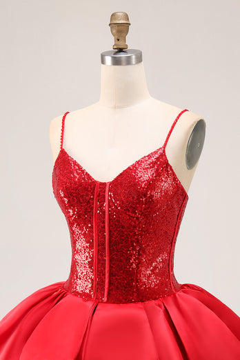 Sparkly Red Sequins Short Corset Homecoming Dress with Ruffles