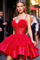 Load image into Gallery viewer, Red Ruffled Short Corset Homecoming Dress with 3D Flowers