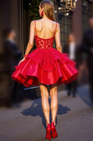 Load image into Gallery viewer, Red Ruffled Short Corset Homecoming Dress with 3D Flowers