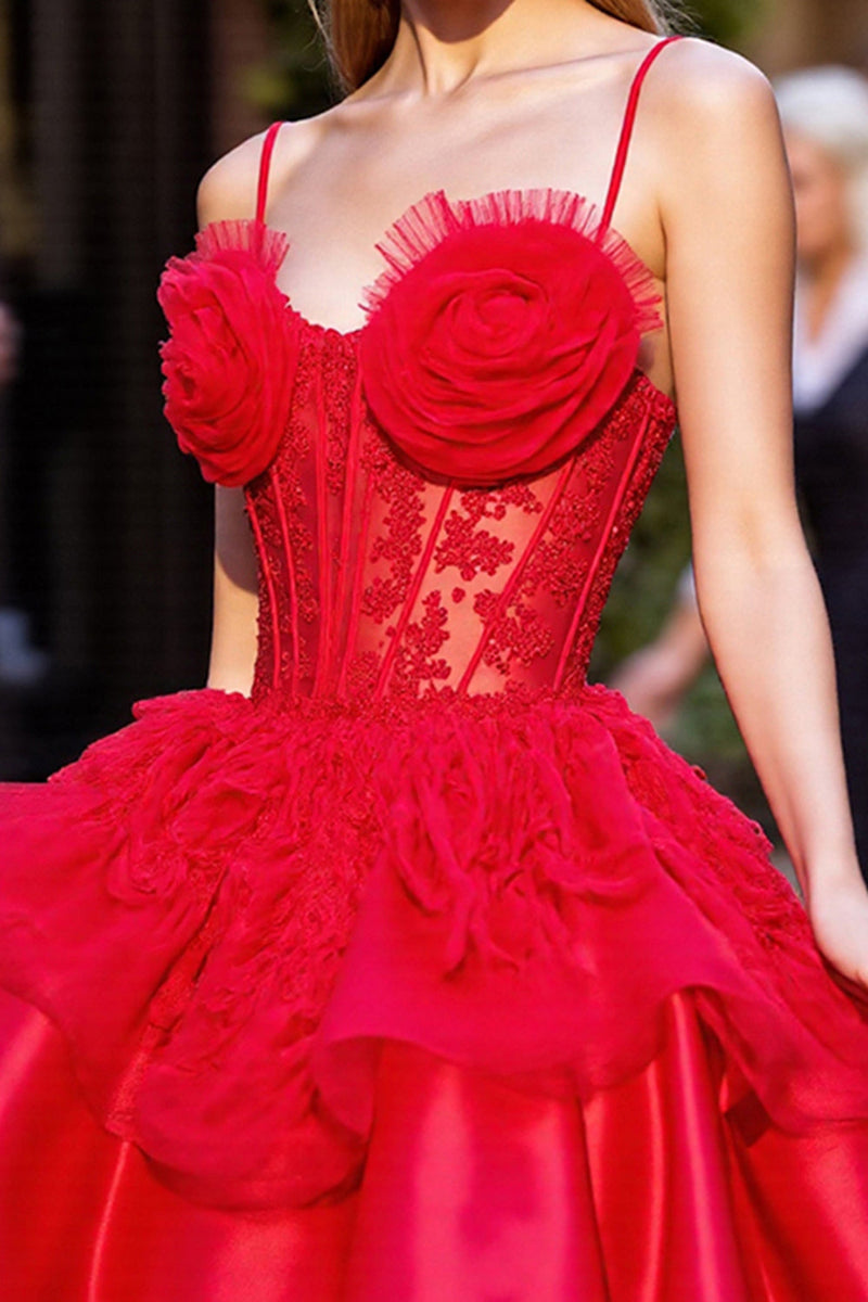 Load image into Gallery viewer, Red Ruffled Short Corset Homecoming Dress with 3D Flowers