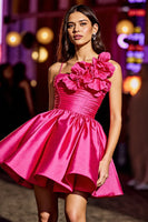 Load image into Gallery viewer, Floral Fuchsia A Line Satin Short Homecoming Dress with Ruffles