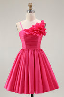 Load image into Gallery viewer, Floral Fuchsia A Line Satin Short Homecoming Dress with Ruffles