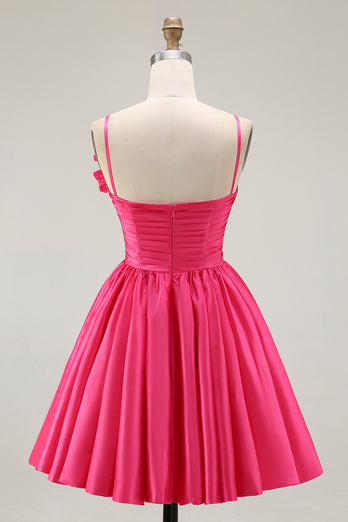 Floral Fuchsia A Line Satin Short Homecoming Dress with Ruffles