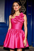 Load image into Gallery viewer, Floral Fuchsia A Line Satin Short Homecoming Dress with Ruffles