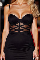 Load image into Gallery viewer, Black Spaghetti Straps Bodycon Satin Short Homecoming Dress