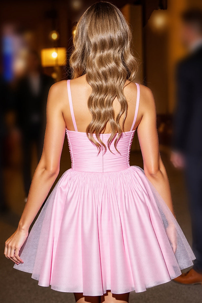 Load image into Gallery viewer, Pink Tulle A Line Short Ruched Homecoming Dress