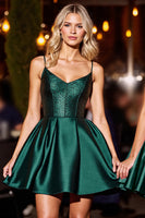 Load image into Gallery viewer, Dark Green A Line Short Satin Homecoming Dress with Beading