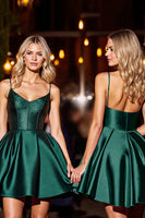 Load image into Gallery viewer, Dark Green A Line Short Satin Homecoming Dress with Beading