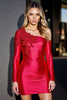 Load image into Gallery viewer, Red Satin Bodycon Short Appliqued Homecoming Dress with Sleeves