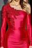 Load image into Gallery viewer, Red Satin Bodycon Short Appliqued Homecoming Dress with Sleeves