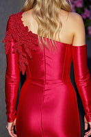 Load image into Gallery viewer, Red Satin Bodycon Short Appliqued Homecoming Dress with Sleeves